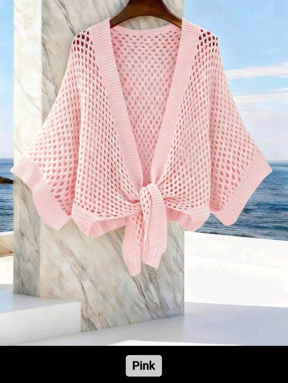 Open-Knit Tie-Front Shrug in Soft Pink